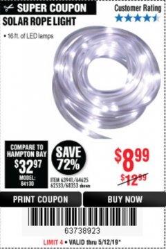 Harbor Freight Coupon SOLAR ROPE LIGHT Lot No. 69297, 56883 Expired: 5/12/19 - $8.99