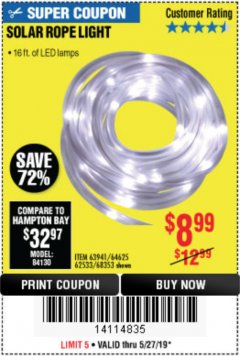 Harbor Freight Coupon SOLAR ROPE LIGHT Lot No. 69297, 56883 Expired: 5/27/19 - $8.99