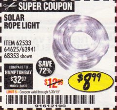 Harbor Freight Coupon SOLAR ROPE LIGHT Lot No. 69297, 56883 Expired: 6/30/19 - $8.99