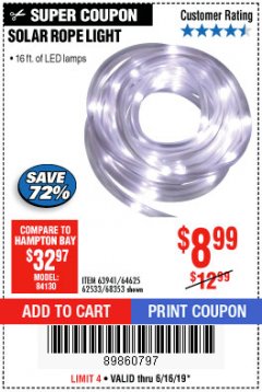 Harbor Freight Coupon SOLAR ROPE LIGHT Lot No. 69297, 56883 Expired: 6/16/19 - $8.99