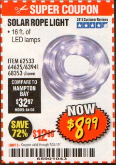 Harbor Freight Coupon SOLAR ROPE LIGHT Lot No. 69297, 56883 Expired: 7/31/19 - $8.99