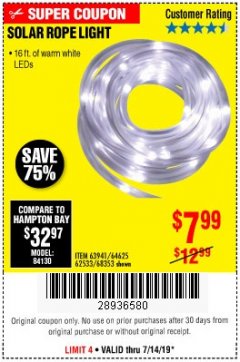 Harbor Freight Coupon SOLAR ROPE LIGHT Lot No. 69297, 56883 Expired: 7/14/19 - $7.99