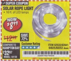 Harbor Freight Coupon SOLAR ROPE LIGHT Lot No. 69297, 56883 Expired: 10/30/19 - $8.99