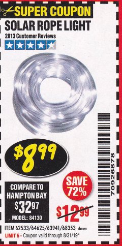 Harbor Freight Coupon SOLAR ROPE LIGHT Lot No. 69297, 56883 Expired: 8/31/19 - $8.99
