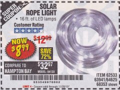 Harbor Freight Coupon SOLAR ROPE LIGHT Lot No. 69297, 56883 Expired: 11/28/19 - $8.99