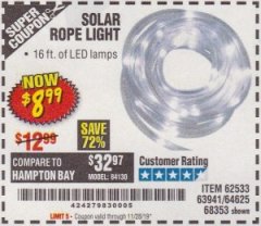 Harbor Freight Coupon SOLAR ROPE LIGHT Lot No. 69297, 56883 Expired: 11/28/19 - $8.99