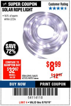 Harbor Freight Coupon SOLAR ROPE LIGHT Lot No. 69297, 56883 Expired: 8/18/19 - $8.99