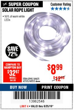 Harbor Freight Coupon SOLAR ROPE LIGHT Lot No. 69297, 56883 Expired: 8/25/19 - $8.99