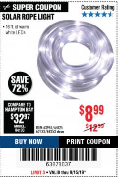 Harbor Freight Coupon SOLAR ROPE LIGHT Lot No. 69297, 56883 Expired: 9/15/19 - $8.99