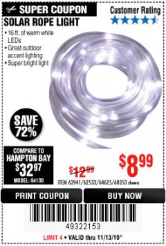 Harbor Freight Coupon SOLAR ROPE LIGHT Lot No. 69297, 56883 Expired: 11/13/19 - $8.99