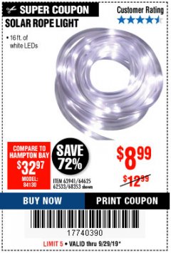 Harbor Freight Coupon SOLAR ROPE LIGHT Lot No. 69297, 56883 Expired: 9/29/19 - $8.99
