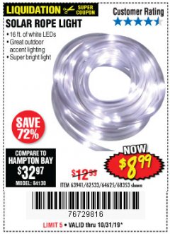 Harbor Freight Coupon SOLAR ROPE LIGHT Lot No. 69297, 56883 Expired: 10/31/19 - $8.99