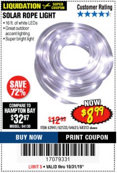 Harbor Freight Coupon SOLAR ROPE LIGHT Lot No. 69297, 56883 Expired: 10/31/19 - $8.99