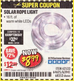Harbor Freight Coupon SOLAR ROPE LIGHT Lot No. 69297, 56883 Expired: 11/30/19 - $8.99