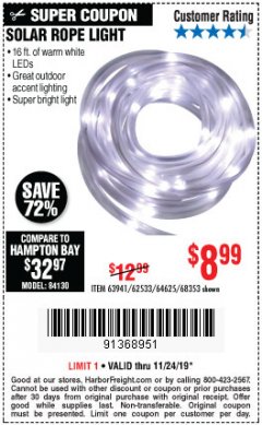 Harbor Freight Coupon SOLAR ROPE LIGHT Lot No. 69297, 56883 Expired: 11/24/19 - $8.99