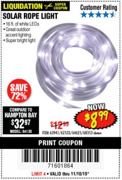 Harbor Freight Coupon SOLAR ROPE LIGHT Lot No. 69297, 56883 Expired: 11/10/19 - $8.99