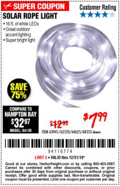 Harbor Freight Coupon SOLAR ROPE LIGHT Lot No. 69297, 56883 Expired: 12/31/19 - $7.99