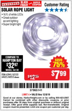 Harbor Freight Coupon SOLAR ROPE LIGHT Lot No. 69297, 56883 Expired: 12/8/19 - $7.99