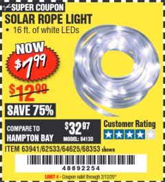 Harbor Freight Coupon SOLAR ROPE LIGHT Lot No. 69297, 56883 Expired: 2/12/20 - $7.99