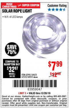 Harbor Freight Coupon SOLAR ROPE LIGHT Lot No. 69297, 56883 Expired: 12/26/19 - $7.99