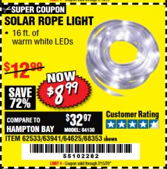 Harbor Freight Coupon SOLAR ROPE LIGHT Lot No. 69297, 56883 Expired: 2/15/20 - $8.99