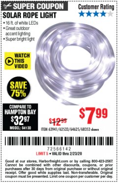 Harbor Freight Coupon SOLAR ROPE LIGHT Lot No. 69297, 56883 Expired: 2/23/20 - $7.99