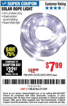 Harbor Freight Coupon SOLAR ROPE LIGHT Lot No. 69297, 56883 Expired: 2/17/20 - $7.99
