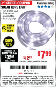 Harbor Freight Coupon SOLAR ROPE LIGHT Lot No. 69297, 56883 Expired: 3/8/20 - $7.99