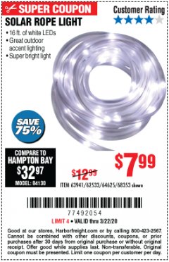 Harbor Freight Coupon SOLAR ROPE LIGHT Lot No. 69297, 56883 Expired: 3/22/20 - $7.99