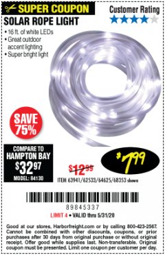 Harbor Freight Coupon SOLAR ROPE LIGHT Lot No. 69297, 56883 Expired: 6/30/20 - $7