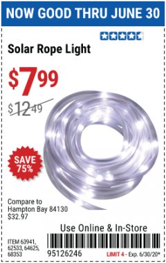 Harbor Freight Coupon SOLAR ROPE LIGHT Lot No. 69297, 56883 Expired: 6/30/20 - $7.99