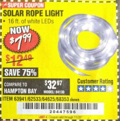 Harbor Freight Coupon SOLAR ROPE LIGHT Lot No. 69297, 56883 Expired: 7/1/20 - $7.99