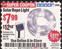 Harbor Freight Coupon SOLAR ROPE LIGHT Lot No. 69297, 56883 Expired: 7/5/20 - $7.99