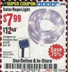 Harbor Freight Coupon SOLAR ROPE LIGHT Lot No. 69297, 56883 Expired: 7/31/20 - $7.99