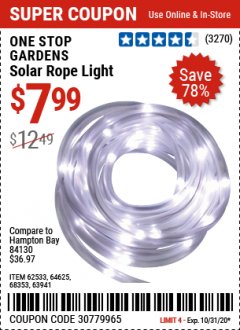 Harbor Freight Coupon SOLAR ROPE LIGHT Lot No. 69297, 56883 Expired: 10/31/20 - $7.99
