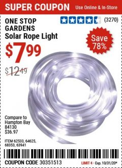 Harbor Freight Coupon SOLAR ROPE LIGHT Lot No. 69297, 56883 Expired: 10/31/20 - $7.99