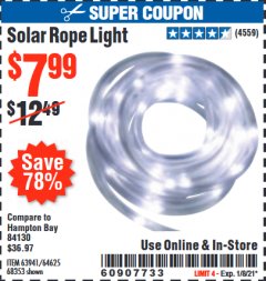 Harbor Freight Coupon SOLAR ROPE LIGHT Lot No. 69297, 56883 Expired: 1/8/21 - $7.99