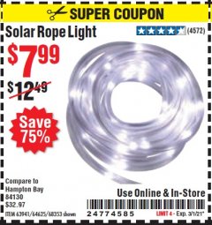 Harbor Freight Coupon SOLAR ROPE LIGHT Lot No. 69297, 56883 Expired: 2/25/21 - $7.99