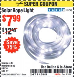 Harbor Freight Coupon SOLAR ROPE LIGHT Lot No. 69297, 56883 Expired: 3/1/21 - $7.99