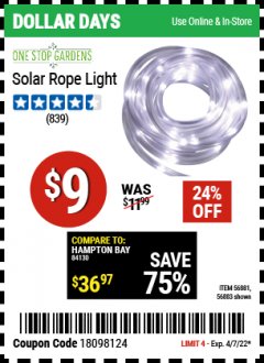 Harbor Freight Coupon SOLAR ROPE LIGHT Lot No. 69297, 56883 Expired: 4/7/22 - $9
