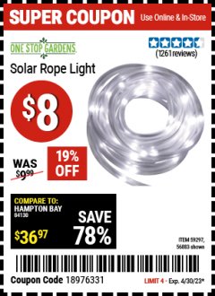 Harbor Freight Coupon SOLAR ROPE LIGHT Lot No. 69297, 56883 Expired: 4/30/23 - $8