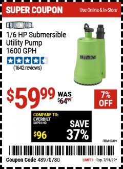 Harbor Freight Coupon 1/6 HP SUBMERSIBLE UTILITY PUMP Lot No. 63319 Expired: 7/31/22 - $59.99
