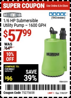 Harbor Freight Coupon 1/6 HP SUBMERSIBLE UTILITY PUMP Lot No. 63319 Expired: 7/30/23 - $57.99