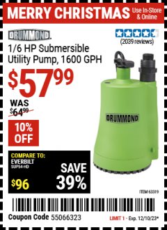 Harbor Freight Coupon 1/6 HP SUBMERSIBLE UTILITY PUMP Lot No. 63319 Expired: 12/10/23 - $57.99