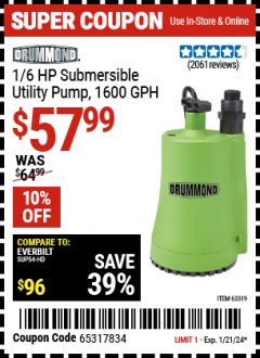 Harbor Freight Coupon 1/6 HP SUBMERSIBLE UTILITY PUMP Lot No. 63319 Expired: 1/21/24 - $57.99