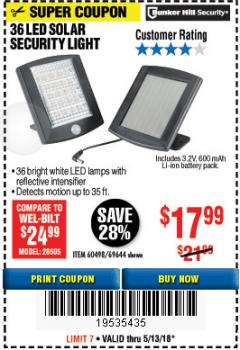 Harbor Freight Coupon 36 LED SOLAR SECURITY LIGHT Lot No. 69644/60498/69890 Expired: 5/13/18 - $17.99