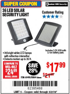 Harbor Freight Coupon 36 LED SOLAR SECURITY LIGHT Lot No. 69644/60498/69890 Expired: 5/21/18 - $17.99