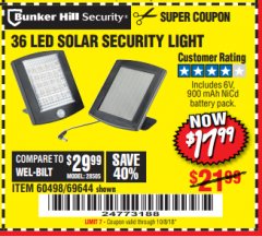 Harbor Freight Coupon 36 LED SOLAR SECURITY LIGHT Lot No. 69644/60498/69890 Expired: 10/8/18 - $17.99