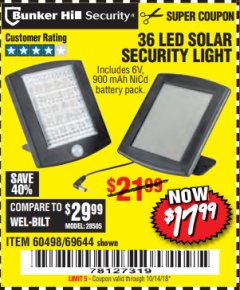 Harbor Freight Coupon 36 LED SOLAR SECURITY LIGHT Lot No. 69644/60498/69890 Expired: 10/14/18 - $17.99