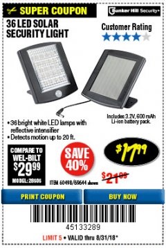 Harbor Freight Coupon 36 LED SOLAR SECURITY LIGHT Lot No. 69644/60498/69890 Expired: 8/31/18 - $17.99
